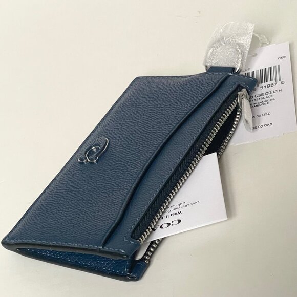 Coach CJ879 Zip Card Case Deep Blue Leather Wallet D-Ring Clip Keyring Unisex - Picture 6 of 7